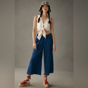 Anthropologie Wide-Leg Denim Cropped Smocked Waist Side Slit Hem Culottes Large